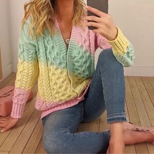 Ellie Mae Ombré Cable Knit Oversized Cardigan Pastel Cotton Sz S Cozy Spring